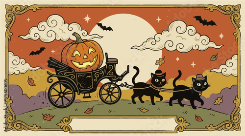 Vintage Halloween Illustration with a Pumpkin Head in a Carriage Pulled by Black Cats under a Full Moon and Flying Bats with Border