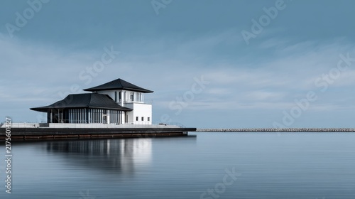Tranquil Modern Architecture by Water Under Expansive Sky