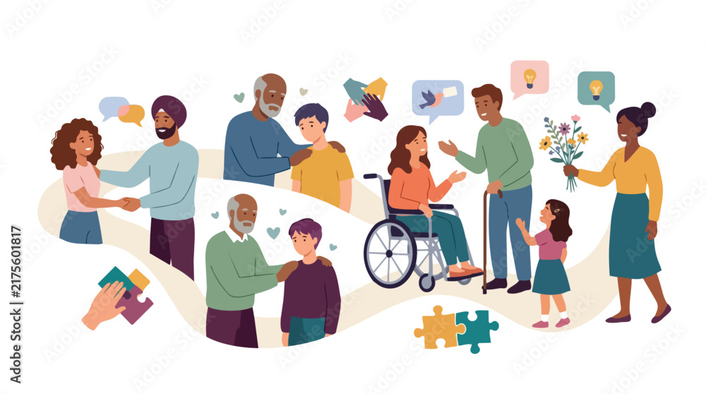 Fototapeta premium Diverse Group of People Connecting and Supporting Each Other in Community Illustration.