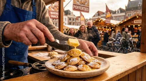 A chef's hands adding a pat of butter to a batch of poffertjes, the butter melting, the pancakes glistening. The background shows a traditional Dutch market. The light is warm, the scene is indulgent.