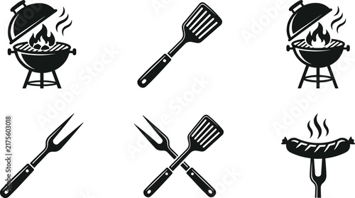 Barbecue party and backyard grilling icon set featuring solid black silhouette kettle grill and utensil glyphs