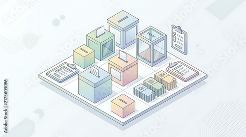 Isometric Illustration of Voting Process with Ballot Boxes, Paper Documents, and Clipboards on White