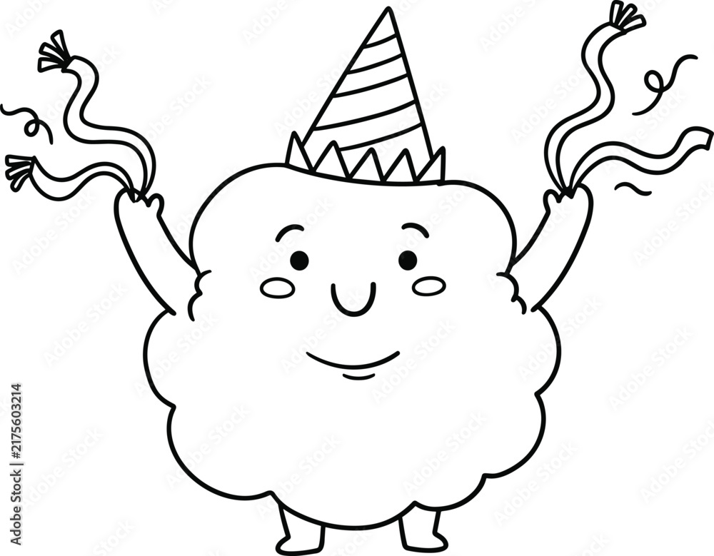 Fototapeta premium Cute cloud character wearing a party hat waving streamers thin line doodle cartoon mascot illustration