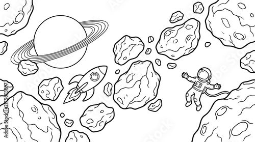 Cuadro en lienzo Astronaut floating in asteroid field near ringed planet with rocket, line art il