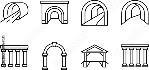 Tunnel and arch icon set featuring line art vectors of roads entrances pillars and architectural structures