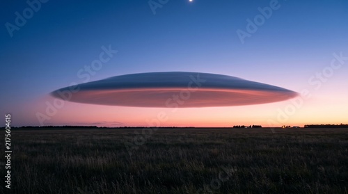 Disc-shaped lenticular cloud hovering over flat grass field at blue hour dusk, surreal UFO cloud landscape no people