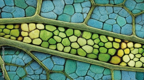 Close-up of Vibrant Leaf Structure with Colorful Cell Patterns