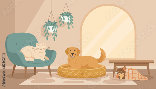 Cozy living room interior with adorable pets including a sleeping cat on armchair and happy dogs on their beds.