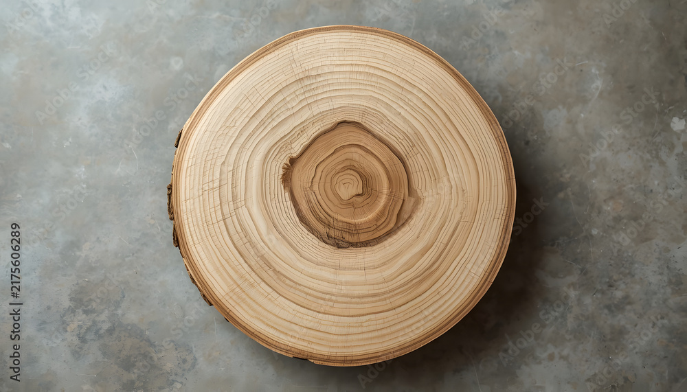 Fototapeta premium Top view of natural wooden log cross section with growth rings