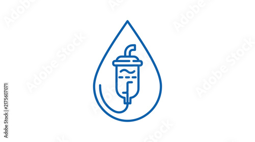 Blue line art of medical IV drip inside droplet.