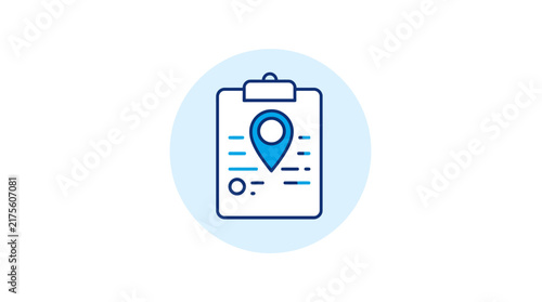 Clipboard with map location pin pointer icon.
