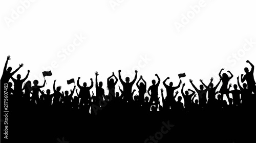 Silhouette of a cheering crowd celebrating at a concert, sports event, or protest with hands raised in the air