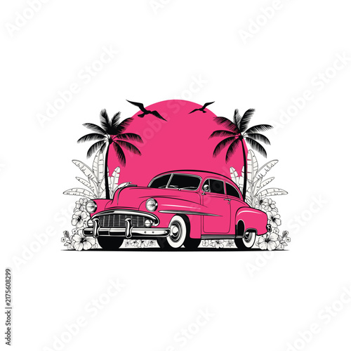 Vintage Pink Classic Car with Palm Trees and Sunset Retro Illustration