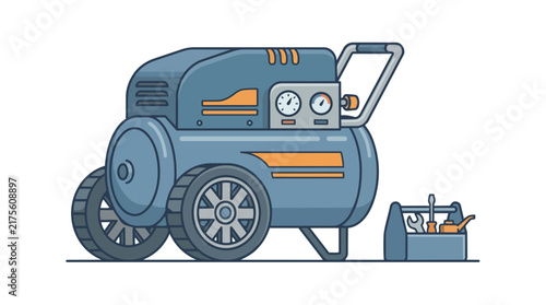 Flat vector illustration of a portable air compressor with a tool box.