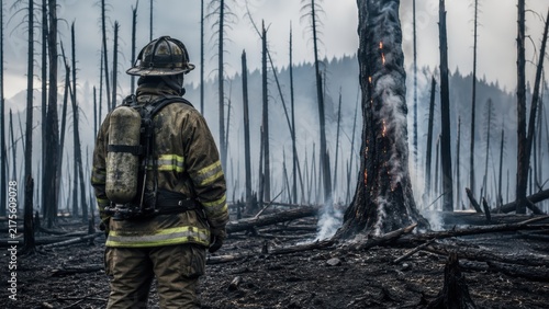 Firefighter in Burnt Forest Wildfire during El Nino Crisis Disaster