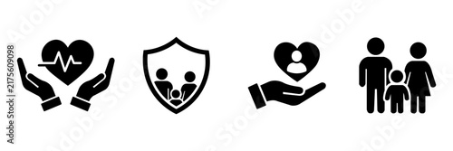 Family health insurance and life protection icons set for medical and social services