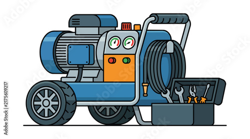 Portable electric air compressor with toolbox and tools illustration.
