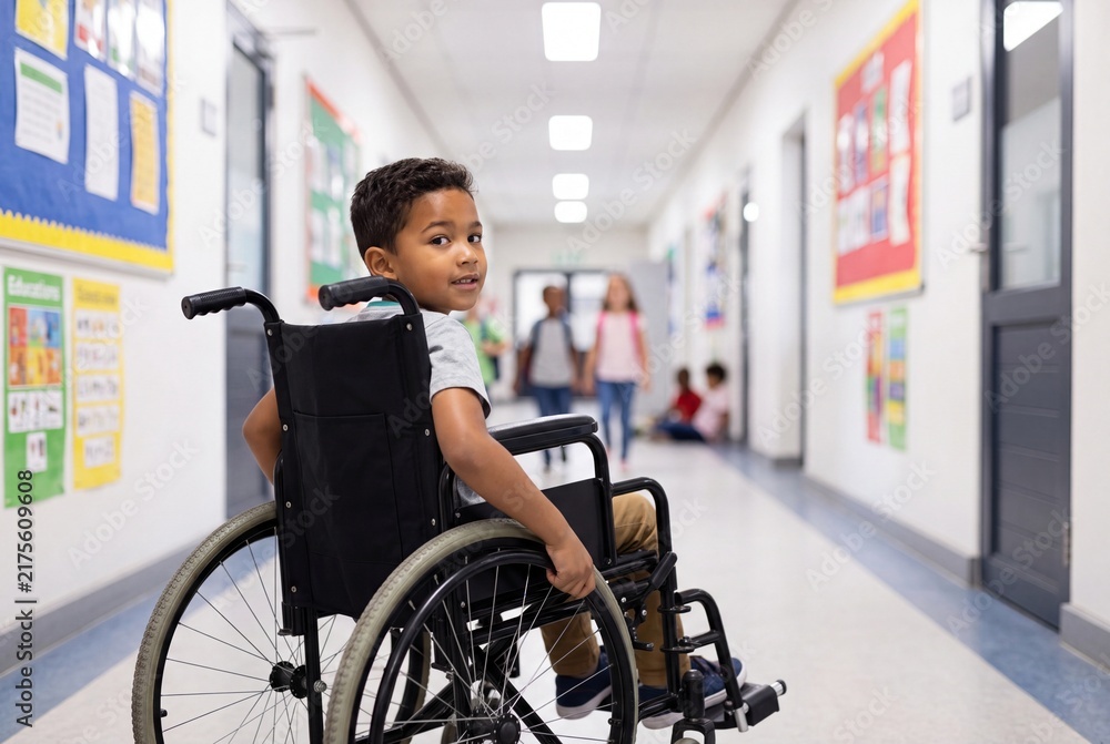 Obraz premium Young Boy in Wheelchair in Elementary School Hallway for Inclusive Education Concept
