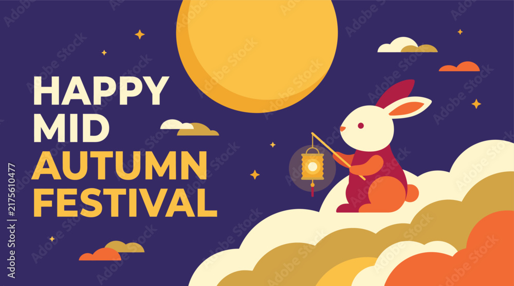 Fototapeta premium Celebratory mid autumn festival poster design featuring a charming rabbit holding a lantern under a full moon, perfect for holiday greetings.