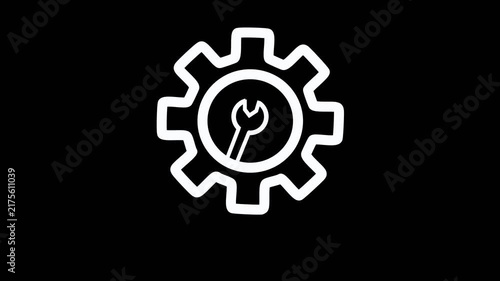 White outline of a gear with a wrench inside representing settings or mechanical work on a black background Keywords: gear, cog, wrench, spanner, tool, mechanical.