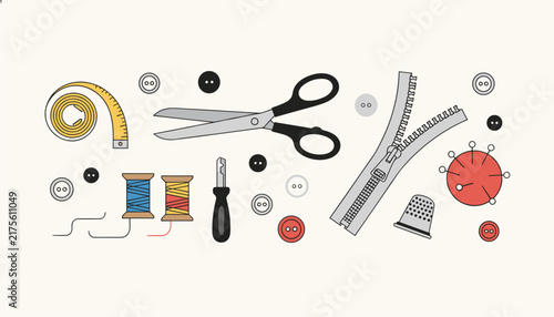 Top view of various sewing tools and accessories including scissors, measuring tape, zipper, and thread spools.