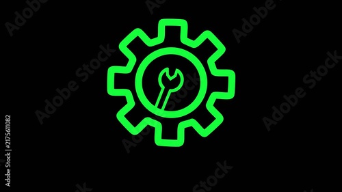 Bright neon green gear symbol with a wrench inside signifying settings or technical operations on a dark background.