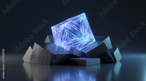 Glowing Geometric Translucent Object Emerging from Dark Blocks Representing Business Innovation and Futuristic Technology
