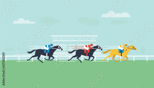 Jockeys riding fast racehorses competing on a green turf racetrack during an exciting equestrian competition.