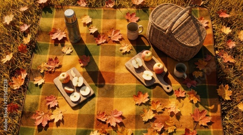 Top View Autumn Picnic Blanket with Wicker Basket Books and Maple Leaves
