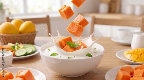 Fresh papaya cubes falling into white yogurt bowl with splash