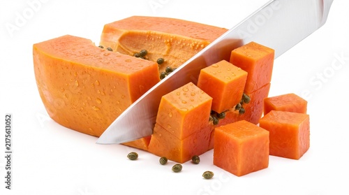 Fresh ripe papaya cubes sliced with a chef knife on white background