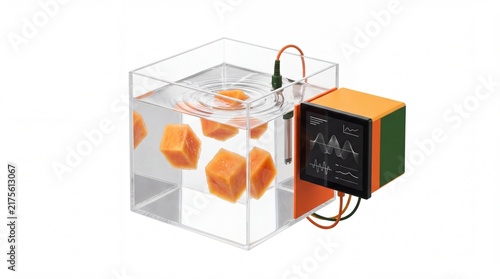 Fresh papaya cubes submerged in water with digital research sensor