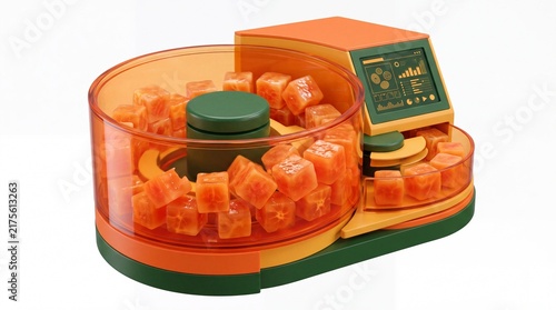 Automated kitchen machine processing fresh papaya cubes
