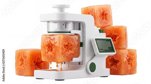 Kitchen machine preparing fresh papaya cubes for healthy snacks