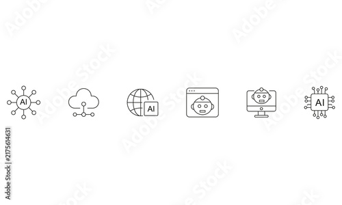 Artificial intelligence AI line icon set with AI chatbot, cloud network, global AI, and processor chip symbols.