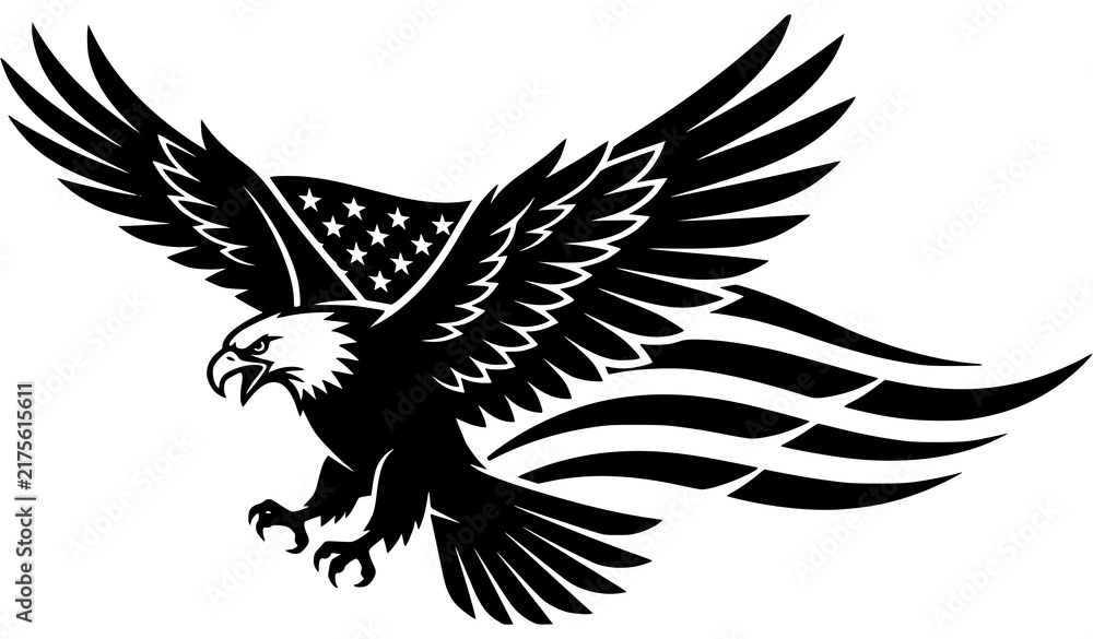 Obraz premium Patriotic bald eagle with American flag elements black silhouette vector art