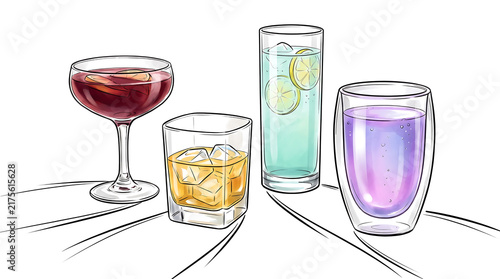 Refreshing mocktail beverage collection illustrated with detailed fine-pen linework against a clean transparant background.