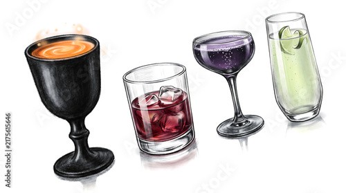 Charcoal pencil art: cocktails featuring ruby-red drink and ice, dark violet sparkling cocktail, pale green citrus beverage. Transparent glasses, clean background.