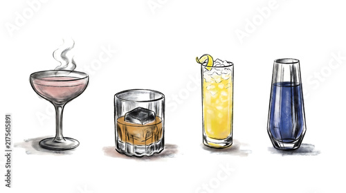 Artistic Charcoal and Chalk illustrations of diverse mocktail beverages, creatively depicted on a clean, transparant background, offering a refreshing visual experience.