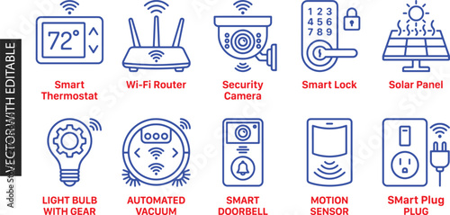 Smart home technology and automation icons featuring thermostat router security camera and smart lock for modern house internet of things solutions.