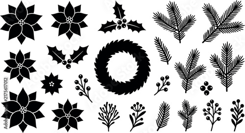 Christmas Winter Floral Elements Set with Poinsettia Wreath and Pine Branches