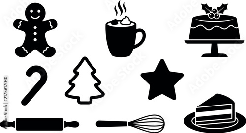 Christmas baking icons set with gingerbread man, hot cocoa, and festive holiday treats