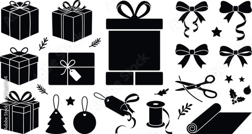 A collection of black silhouette icons featuring Christmas gift boxes, ribbons, bows, and wrapping supplies.