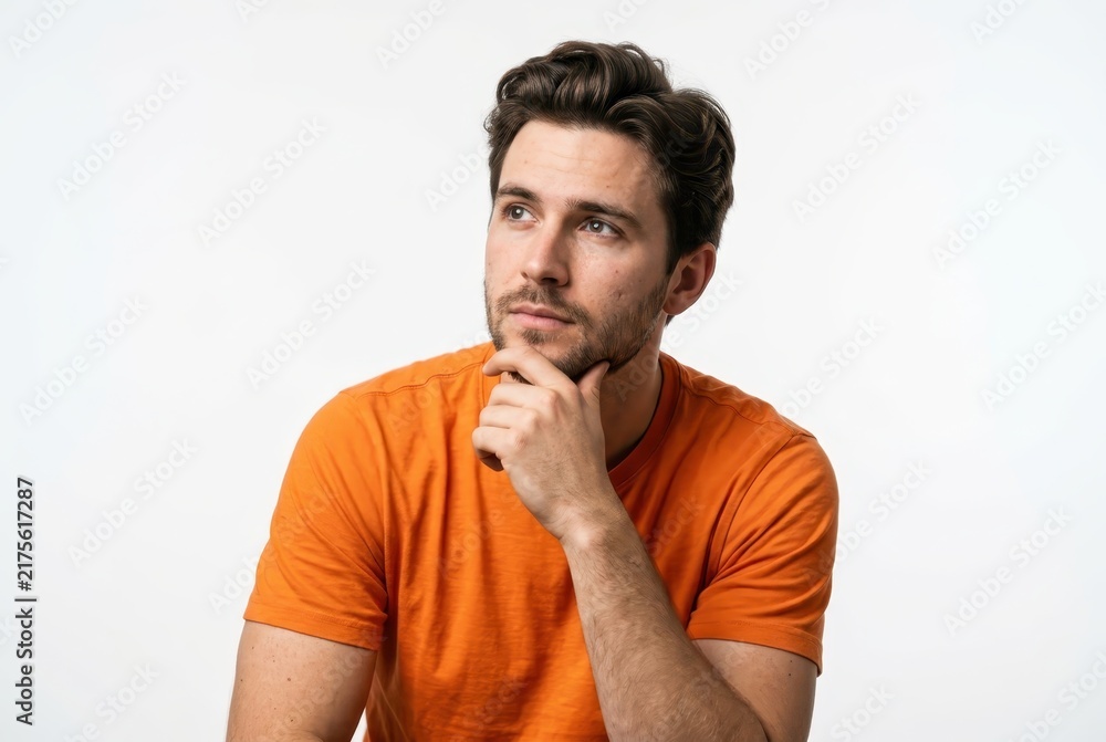 Obraz premium Thoughtful Young Man in Orange T-shirt Looking Up and Thinking Against a White Background, Pensive Expression