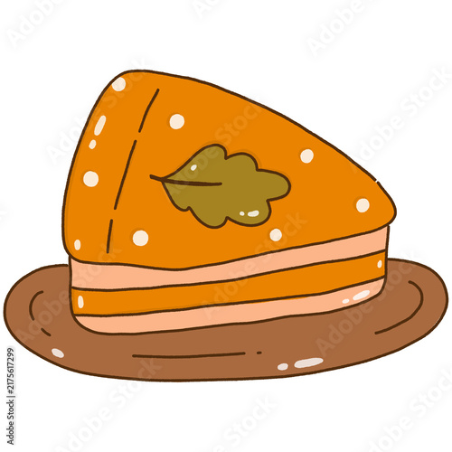 Hand-drawn illustration of a pumpkin pie slice garnished with an oak leaf on a plate. Perfect for Thanksgiving designs, fall bakery menus, seasonal stickers, and cozy recipe illustrations