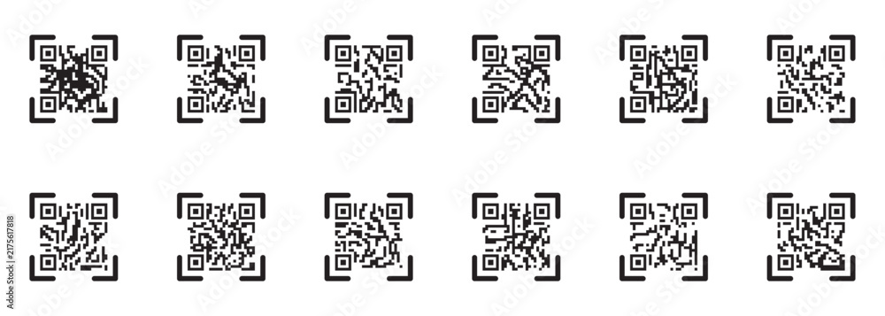 Fototapeta premium QR Scan Technology Icons Set for Mobile Payment and Smart Device Interface. Transparent PNG available Scan me QR code icon, fake QR pattern design for mobile scanning interface, encrypted information.
