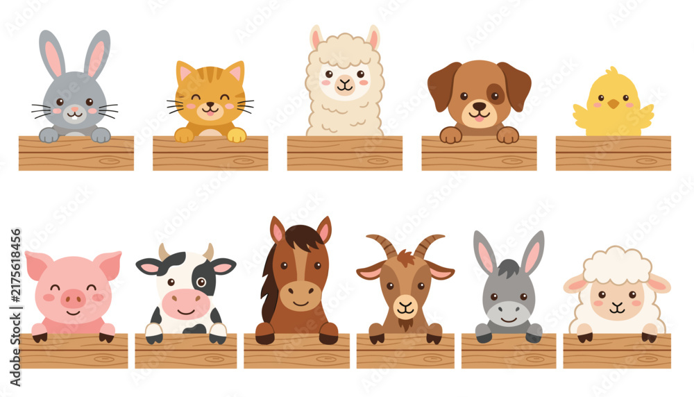 Naklejka premium Cute farm animals and pets peeking over wooden signs vector illustration collection featuring rabbit cat alpaca dog pig cow horse sheep