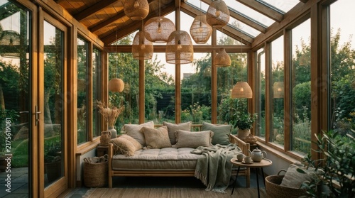 Sunlit Glass Conservatory Lounge with Daybed Sofa and Panoramic Garden Views