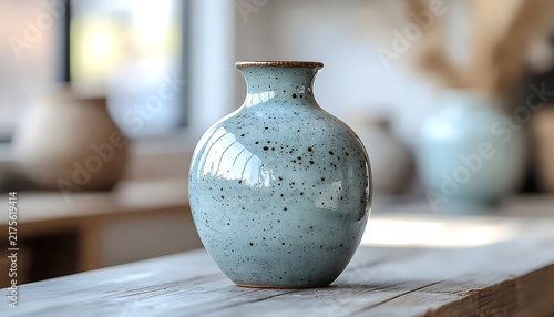 Handmade blue speckled ceramic vase on wooden table