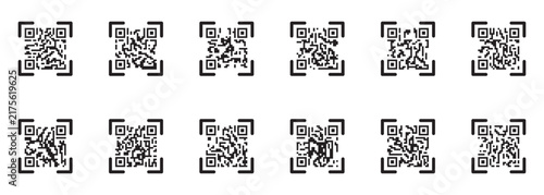 Scan me QR code icon, fake QR pattern design for mobile scanning interface, encrypted information symbol. Minimal QR Code Scanner Icons Collection in Outline Vector Style. EPS 10.